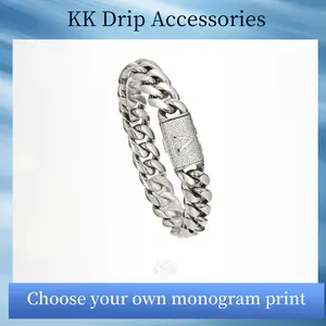 KK Chunky Silver Cuban Link Bracelet 14mm Stainless Steel Men‘s Hip Hop Jewelry with Diamond Cut Letters Adjustable 7.5-8.5 Inch Punk Rap Gift for Daily Stacking Parties