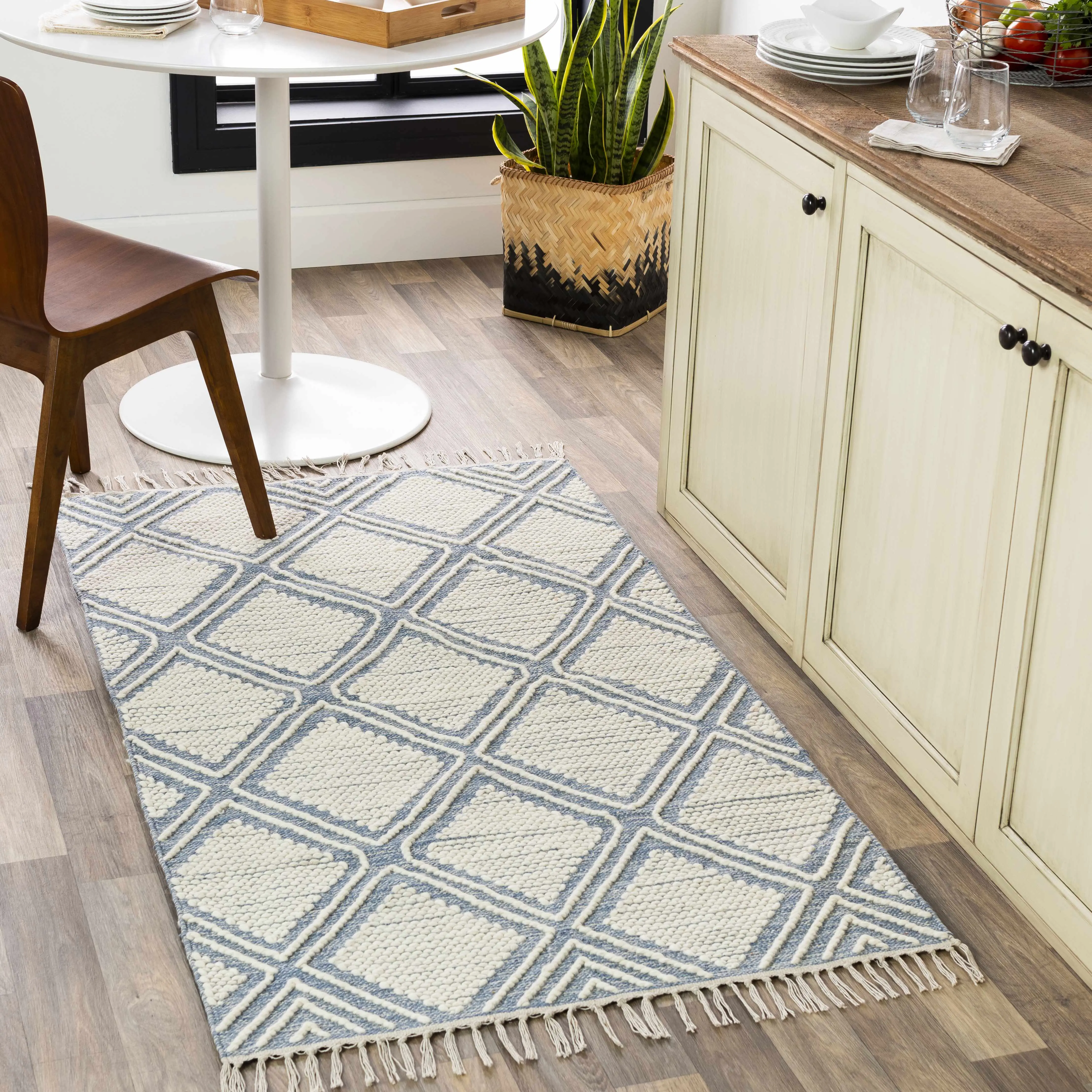 Wausa Geometric Denim Trellis Area Rug - Cream Cotton-Wool Blend, Home Decor Rugs, Rectangle, Clearance