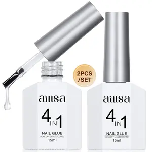 AILLSA 4 in One Nail Glue Base Coat Nail Polish Set Brush On Gel Nail Glue 2*15 ml for Rhinestone, False Nails, Base Gel, Chrome Nail, Acrylic Nail Tips UV Light Need, High Capacity Gel Extension Brush On Nail Glue Fall Nail Trend 2024 Gift for Women