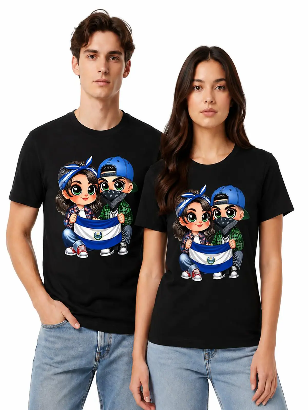 Cute Cartoon Couple Hold Flag Graphic Unisex Crewneck Tee Guatemalan Pride Summer Vacation Daily Tee summervibes Summer Wins Sports & Outdoors