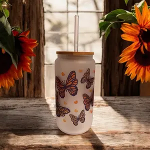 Butterfly Frosted Beer Can Glass Style Cup -  Drinkware Tumblers with Lid and Straw Reusable