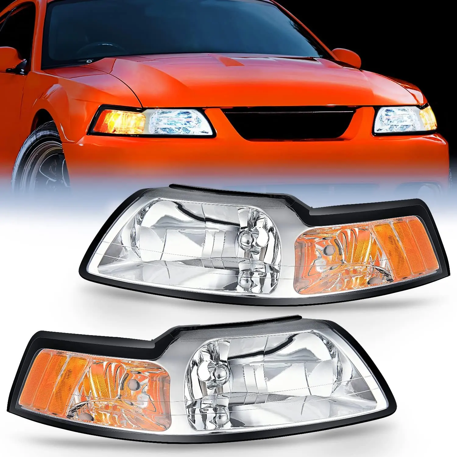 Nilight Vented Headlight Assembly for 1999-2004 Ford Mustang, Chrome Housing, Amber Reflector, High-Impact Chrome Look, Driver & Passenger Side Headlamps Replacement, Headlight Vented