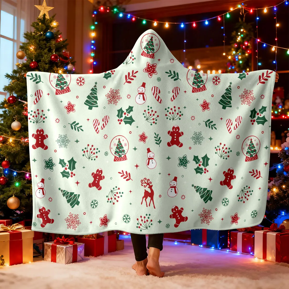 1 piece Christmas-themed hoodie blanket Wearable blanket gingerbread man gingerbread house snowman candy crutches snowflake elements Soft and comfortable bedroom living room sofa cover blanket camping blanket Christmas gift Cozy Flannel Blanket