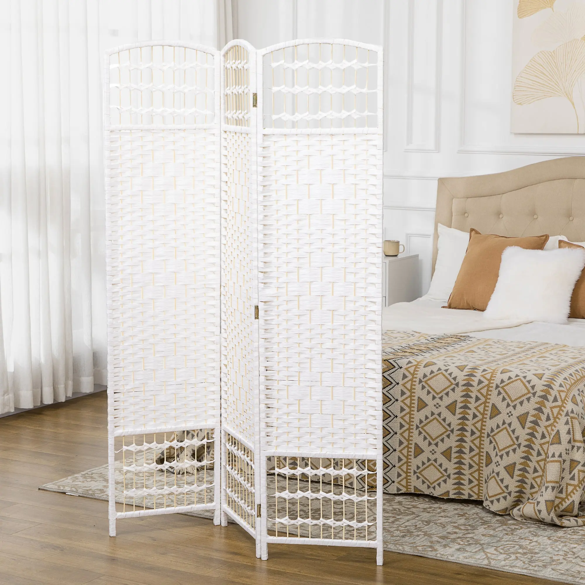 Best Farmhouse Room Divider | 3-Panel Rustic Privacy Screen Wave Fiber – White