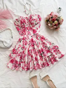 Women's Boho Floral Ruffle Floral Print Shirred Tiered Layer Dress, Boho A Line Dress for Beach Holiday Vacation, Ladies Summer Clothes