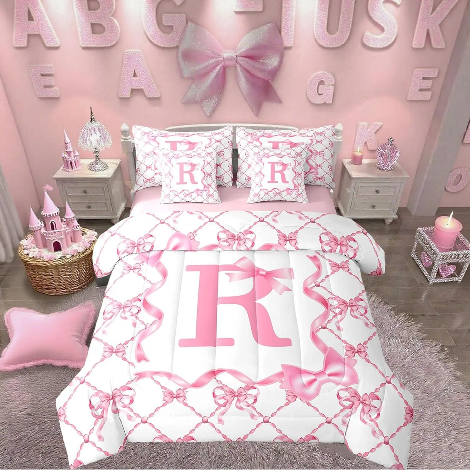 Feelyou 7-Pcs Preppy Letter R King/Queen Bed Comforter Set - Microfibre Bedding-in-a-Bag, Breathable Durable Bedding Sets Collections, Sheets Included, Cute Bowknot Design, Blush Pink Coquette Accents, Machine Washable, 7Pcs Letter R