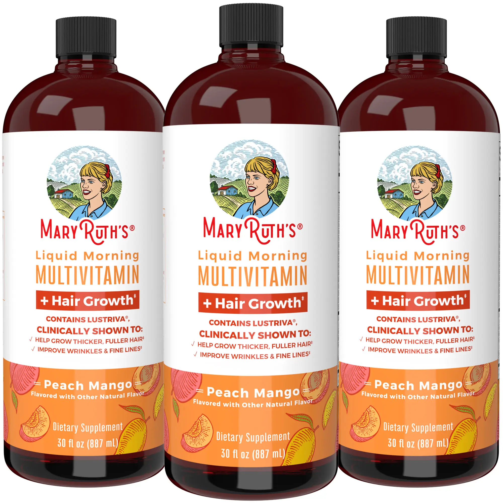MaryRuth's Liquid Multivitamin + Hair Growth - Clinically Tested Lustriva for Thicker Hair in Women - Improve Facial Wrinkles - Vegan - 3-Pack, 30 Oz
