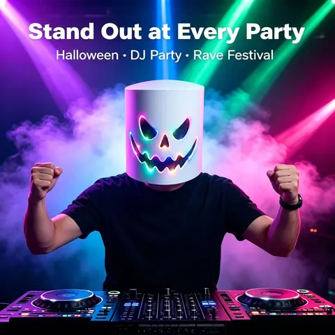 Adult Halloween LED Glow Full Mask - LED Light Up Mask Cosplay, Party Accessories, Ideal for Halloween Parties, Music Festivals
