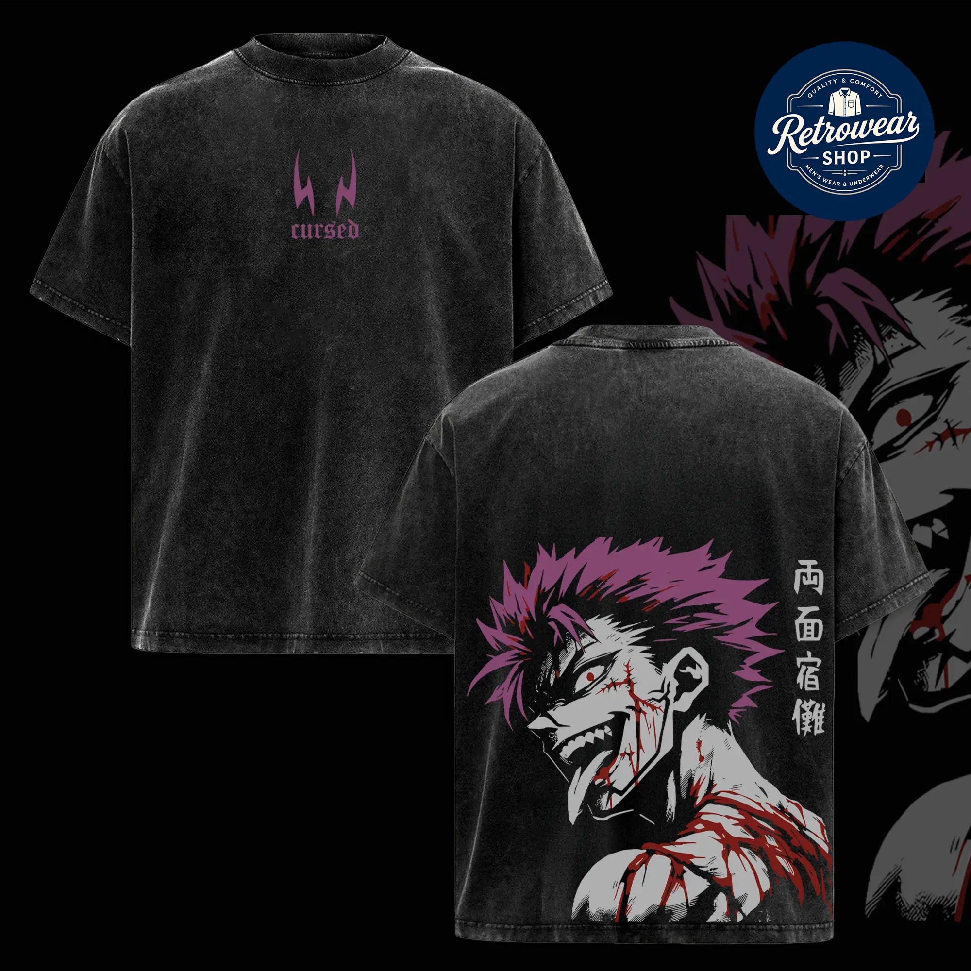 Sukuna Cursed Form T-Shirt Acid Washed Cotton Oversized