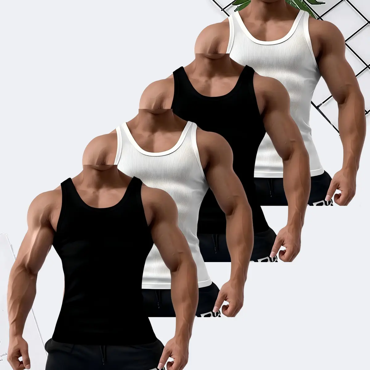Men's 4-Pack Ribbed Tank Tops, Slim Fit Stretch Sleeveless Undershirts, Non-Cotton Quick Dry Multipack, All-Season Everyday Basic Tanks, Black White Grey Multi-Color Set