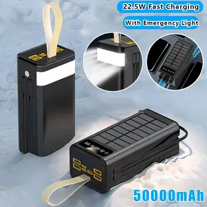50000mAh Solar Power Bank PD22.5W Fast Charging With Two Detachable Charging Cables &multiple Output Ports/Flashlight/Lanyard/LED Power Display, Waterproof Battery Pack Outdoor Travel/Camping Mobile Emergency Power Device