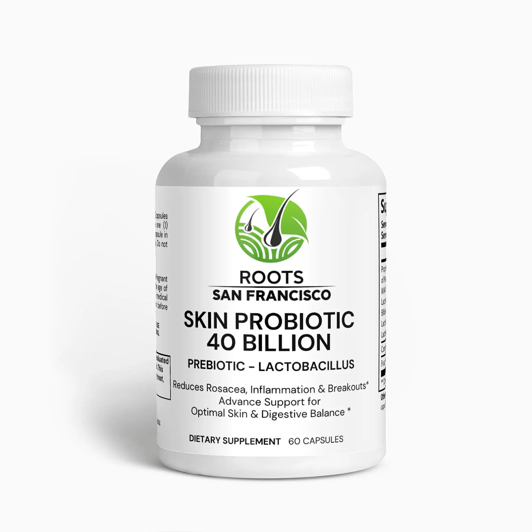 Roots San Francisco Skin Probiotic 40 Billion - 60 Capsules for Radiant Skin, Gut Health, and Youthful Glow