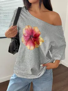 Women's Floral Print Off Shoulder Fitted Tee, Casual Fashion Y2K Crew Neck T-Shirt for Daily Holiday Vacation Outdoor Wear, Ladies Clothes for All Seasons, Top