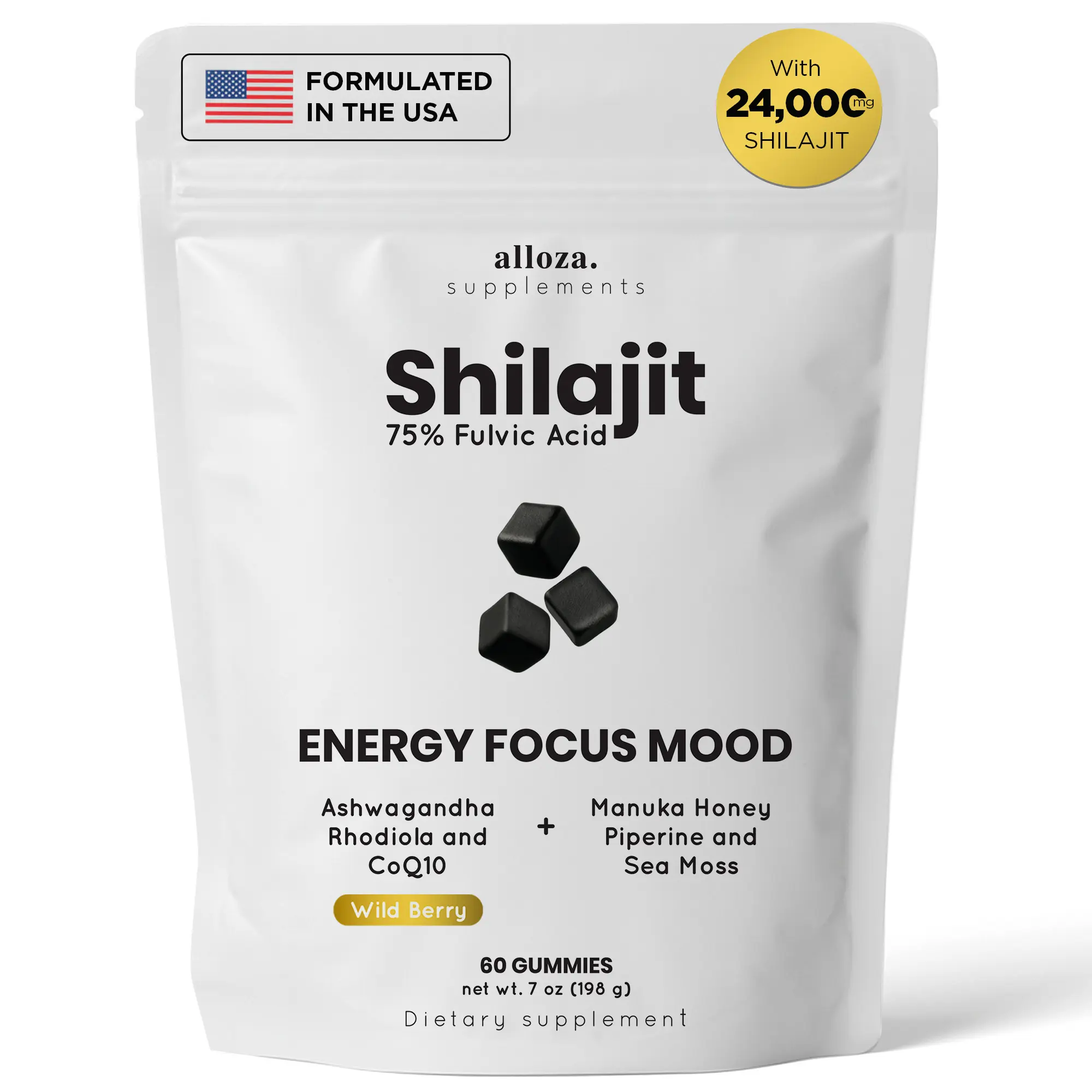 Alloza Himalayan Shilajit Gummies with Ashwagandha Pure 7-in-1 Formula 75% Fulvic Acid 92 Minerals for Men Women Energy Focus Stress Support 60 Sugar-Free Non-GMO Gummies