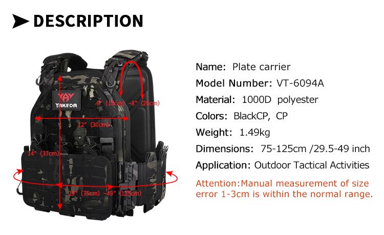 VT-6094A Yakeda New Product Tactical Vest Chaleco Tactico Molle Plate 1000D Nylon Carrier Chalecos Black Training for Men Outdoor Hunting Protective Gear