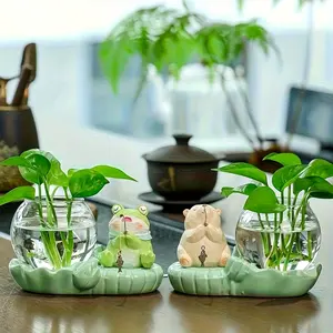 Cute Fishing Hydroponic Planter- Ceramic Kitten/Frog Shaped Arrangement, Office Green Culture Vase, Lazy Hydroponic Set, Desktop Healing Gifts for 4 Seasons