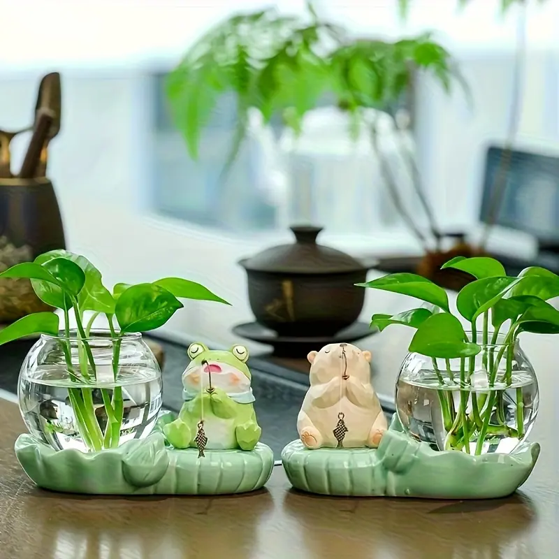 Resin Kitten/Frog Shaped Hydroponic Planter Set - Self-Watering Insert, Hydroponic Plant Holders, Office Home Decor Vase, Desktop Healing Gift, Low-Maintenance Holder