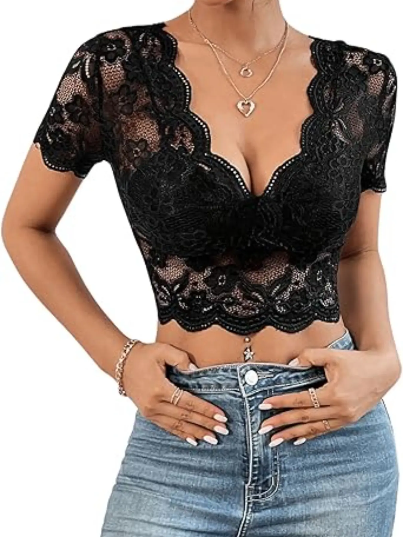 Snatched Black Lace Hem Crop Top Bodycon Fitted Top Women Deep V-Neck Short Sleeve Scalloped Sheer See-Through Blouse Shirts Sexy Going Out Clubwear Dark Coquette Aesthetic Y2K Baddie Vintage Gothic Fairycore Viral Trending Summer Fashion Outfit
