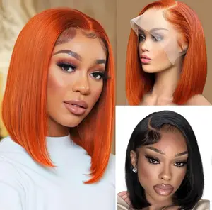 Buy One Send One）HC Ginger Bob Wig Human Hair 13x4 Lace Front Wigs Human Hair Pre Plucked Hd Glueless Lace Frontal Wig Short Transparent Wigs For Black Women 13x4 HD Invisible Lace Front Wig Bleached Knots