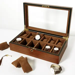 Uten Watch Box with 6/10/12 Slots, Watch Case Organizer with Golden Lock and Key, Wooden Watch Display Storage Box with Removable Watch Cushions, Velvet Lining, Metal Clasp