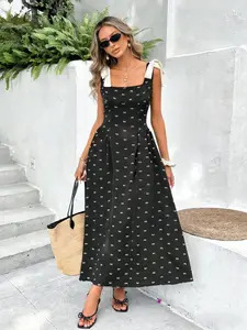 Elegant Black Gold Bow Print Square Neck Waist-Cinched Midi Dress Sweet & Edgy Black Gold Bow Print Retro Sleeveless Statement Midi Dress Vacation Style Black Gold Bow Print Flowy Square Neck Midi Dress