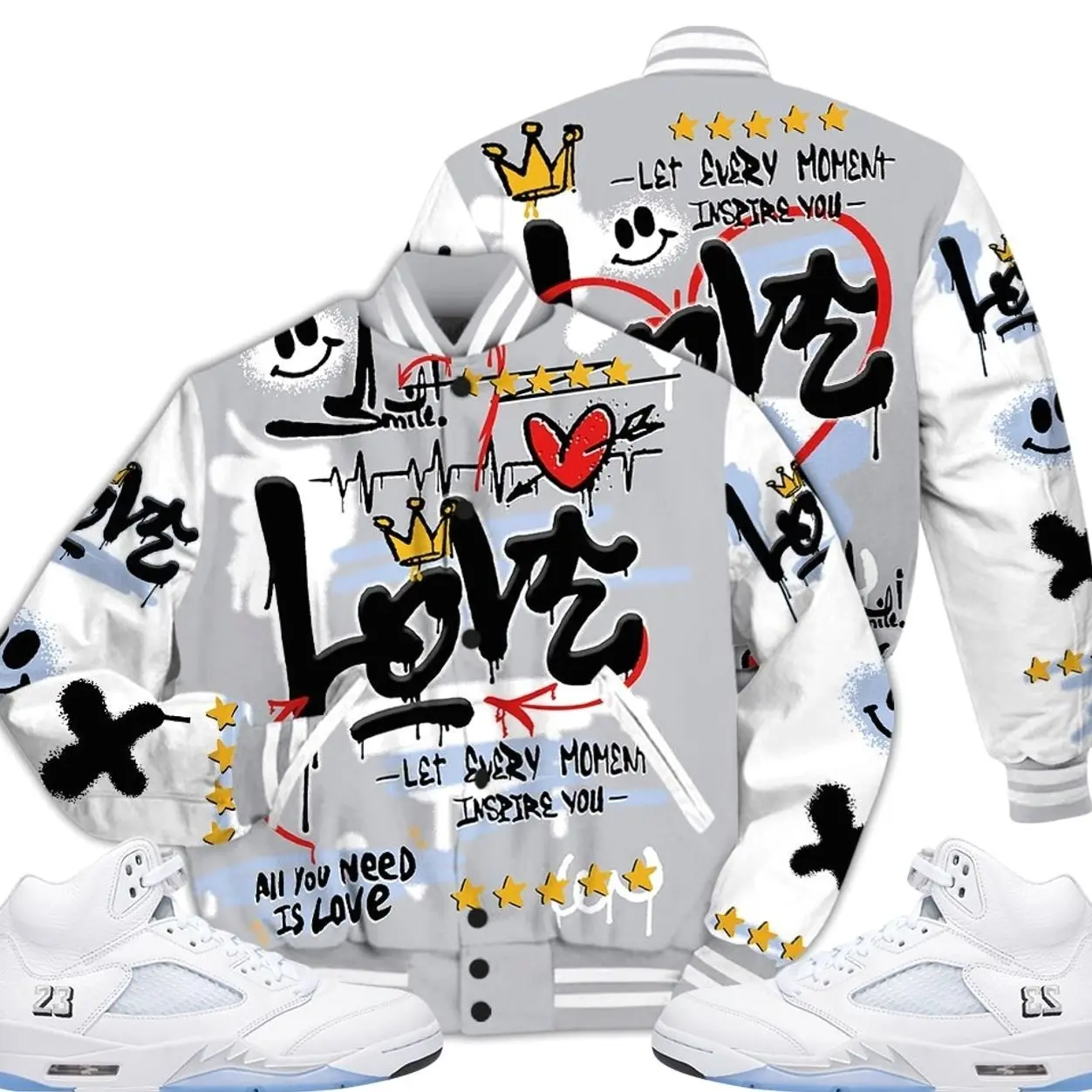 Retro White Metallic 5s Outfits Varsity Jacket, Happy Love Beats Graffiti Outfits Streetwear Unisex Sneaker Matching Shirts