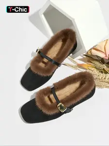 Women's Vintage Soft Sole Mary Jane Shoes, Warm Fleece Lined Slip-On Loafers, Elegant All-Season Fluffy Furry Shoes Home Slippers