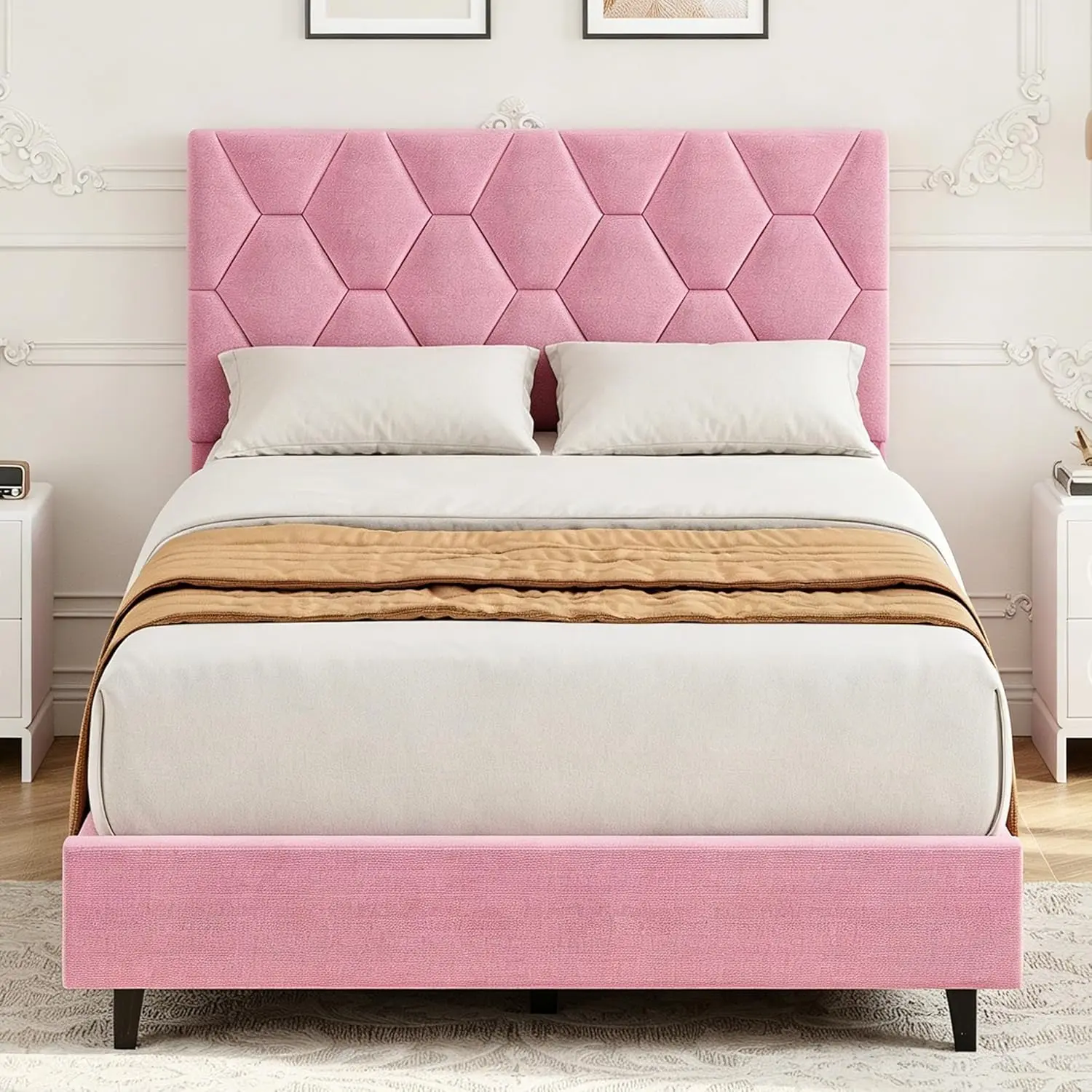 Twin XL Upholstered Metal Divan Platform Twin Bed Frame with Adjustable Headboard, Durable Wooden Slats Support, No Box Spring Needed, Noise-Free, Easy Assembly, Pink Indoor Furniture Foundation, Metal Frame Bed