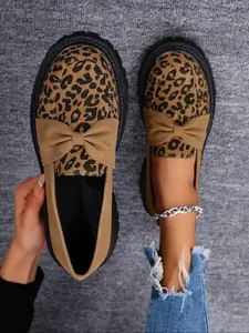 Women's Fashion Leopard Print Bowknot Design PU Leather Loafers, Casual Comfortable Slip on Shoes for Daily Wear, Lightweight Breathable Shoes for All Seasons