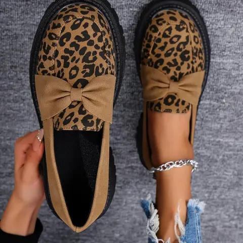 Women's Fashion Leopard Print Bowknot Design Loafers, Casual Flat Footwear, Casual Comfortable Slip on Shoes for Daily Wear, Lightweight Breathable Shoes for All Seasons