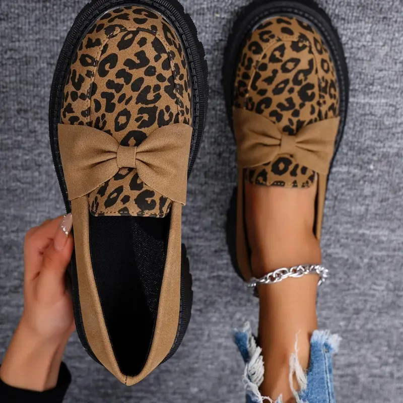 Women's Fashion Leopard Print Bowknot Design Loafers, Casual Flat Footwear, Casual Comfortable Slip on Shoes for Daily Wear, Lightweight Breathable Shoes for All Seasons