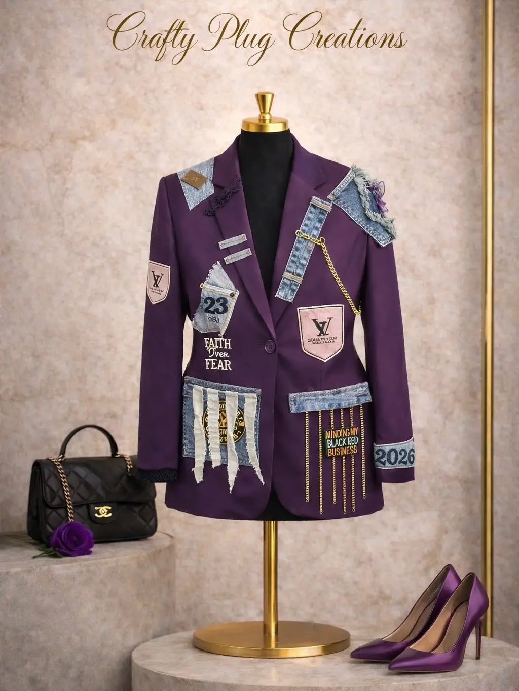 Women's Purple Patchwork Embroidered Blazer Jacket – Denim Accent Fashion Coat