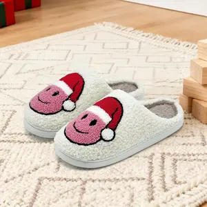Lumubby Retro Happy Smile Slippers - Unisex Round Toe Slide, Cozy Fluffy Plush, Holiday Korean Preppy Festive Design, Warm Indoor/Outdoor House Shoes for Fall Winter