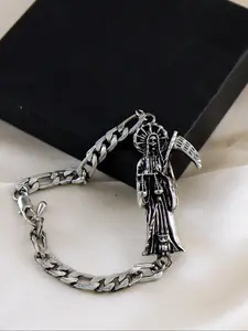 Cuban Bracelet with Santamuerte Tadeo Design, Unisex Polished Finish, Fashionable Daily Wear Accessory, Stylish Men's & Women's Jewelry, Gothic Witch Jewelry