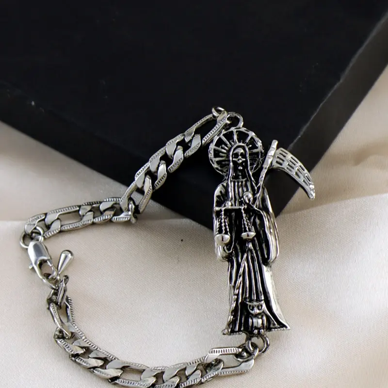 Unisex Figaro Chain Bracelet with Santamuerte Tadeo Design, Polished Finish, Fashionable Accessory for Daily Wear, Stylish Men's & Women's Jewelry, Gothic Witch Jewelry, Copper Bracelets