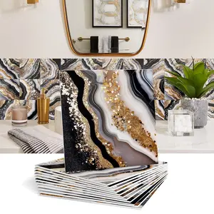 Removable Peel and Stick Backsplash Tiles, Black White Gold Foil Agate Geode Tile Stickers, Waterproof & Heat Resistant Vinyl Wall Tiles for Bathroom, Kitchen, RV, Rental Friendly Decor, 12/24Pcs