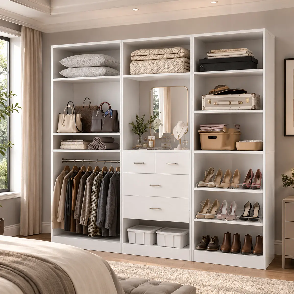Cyclysio 75" W Closet Organizer System, 3-Piece Freestanding Walk-in Wardrobe Armoire with Vanity Mirror & Wooden Drawers，Space-Saving Storage Cabinet