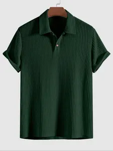 Men's Plain Jacquard Knit Polo Shirt, Regular Fit Casual Short Sleeve Button Front Top for Summer, Fashion Men's Clothes for Daily Wear, Starboy Outfits