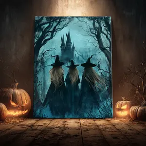 1 Count Wooden Framed Canvas, Moonlit Witches and Castle Poster, Halloween Decorative Poster, Funny Poster, Horror Poster Party Hanging Picture, Modern Art For Living Room, Bedroom, Family Decoration, Ideal Gift, Waterproof, Print