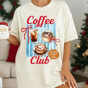 Coffee Club Graphic Shirt Comfort Colors Womens,"Coffee Club All Day Every Day" Watercolor Coffee Cups Graphic T-Shirt,Cozy Watercolor Coffee Bow Graphic Tee for Coffee Lovers Retro Cozy Oversized Tee