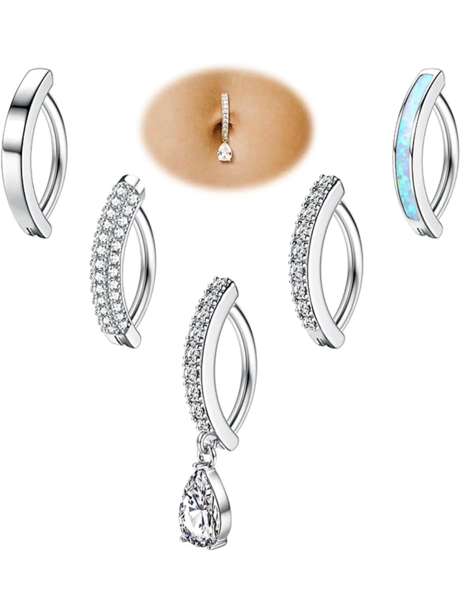 5Pcs Belly Button Ring for Women 14G Short Opal Navel Rings Silver Gold Clicker Belly Piercing Pack Body Jewelry Simple Dangle Cute CZ Belly Small Hypoallergenic Belly Button Ring Reverse Piercings Jewelry