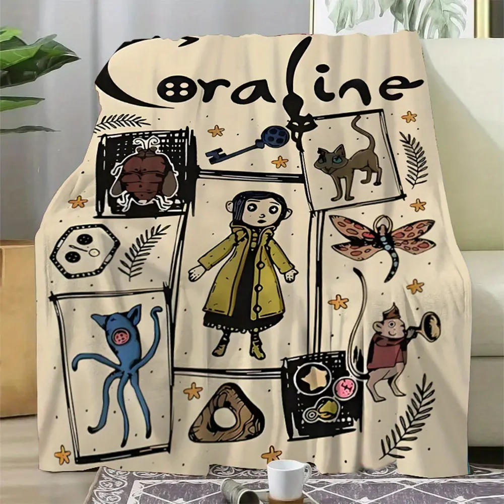 Coraline cartoon theme printed flannel blanket, multifunctional, all-season lightweight and comfortable, suitable for sofa, bed, office - ideal gift