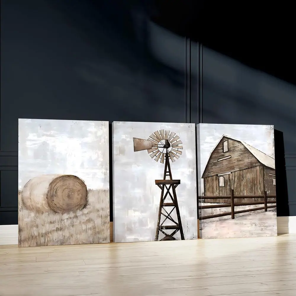 Farmhouse Themed Canvas Painting without Frame, 3 Counts/set Windmill & Barn Pattern Vintage Wall Art, Wall Decor for Home Living Room Bedroom, Home Decor Supplies, Ornaments