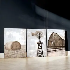 Farmhouse Themed Canvas Painting without Frame, 3 Counts/set Windmill & Barn Pattern Vintage Wall Art, Wall Decor for Home Living Room Bedroom, Ornaments