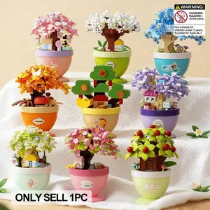 Moc Romantic Miniature Plant Pot, Creative Building Block, Includes Lucky Tree, Peach Blossom, Pear Tree, Artificial Flower Series, Home Decor Gift