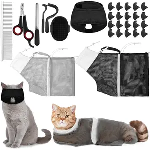 10 Pcs Cat Bathing Bag Set Pet Mesh Shower Bag Anti Bite and Scratch Pet Grooming Kit with Washing Brush Cat Muzzle Nail Clipper Nail File Tick Tool Gray and Black