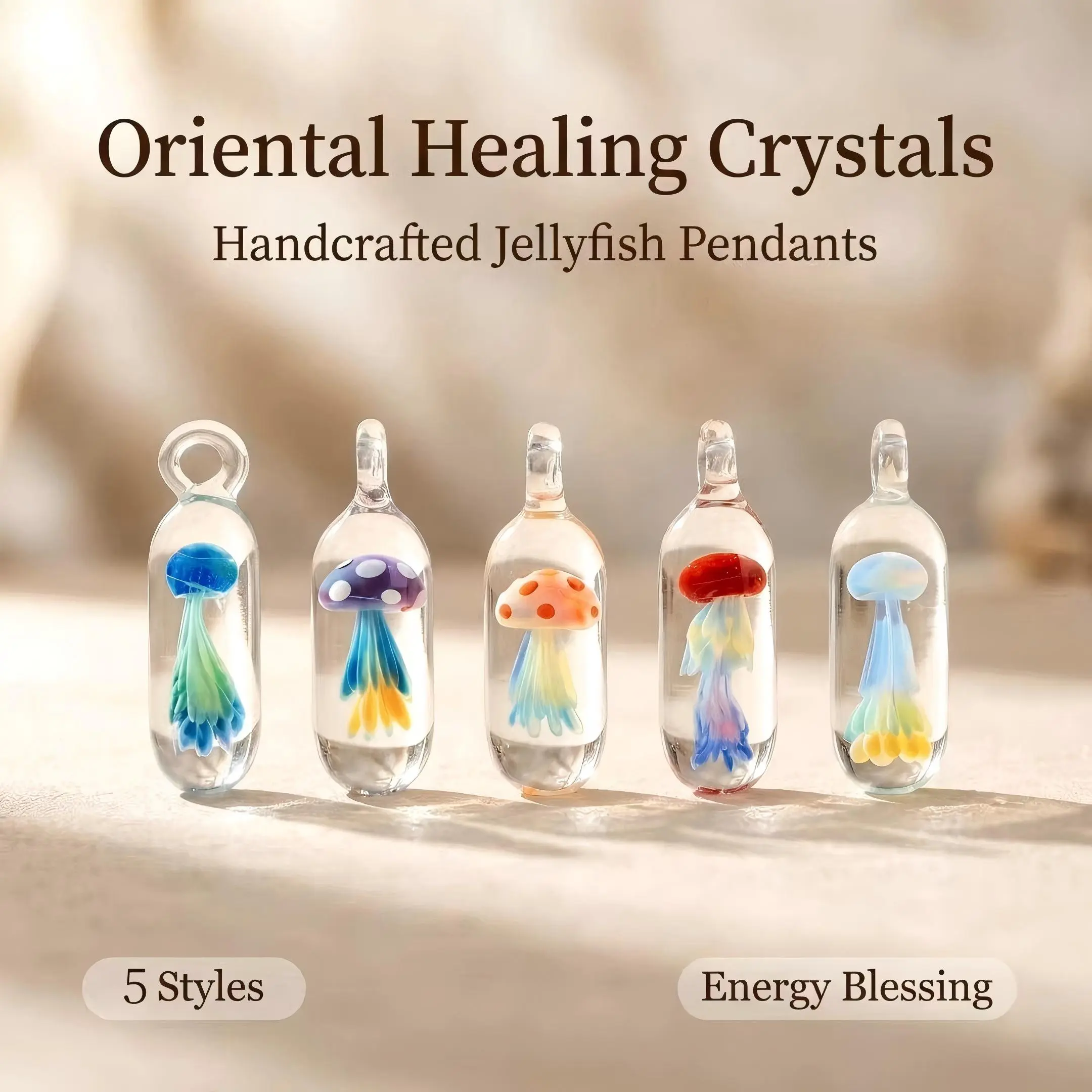Hand Blown Glass Jellyfish Pendant Necklace | 5 Named Styles with Unique Healing Energies | Oriental Healing Crystal Spiritual Jewelry | Artisan Lampwork Ocean Pendant | Single or Full Collection Gift for Her & Sea Lovers