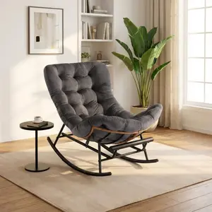 Papasan Rocking Chair with Foot Rest, Papasan Chair with Thick Removable Cushion and Metal Frame, Lounge Chairs and PE Rattan Rocker for Patio,Grey