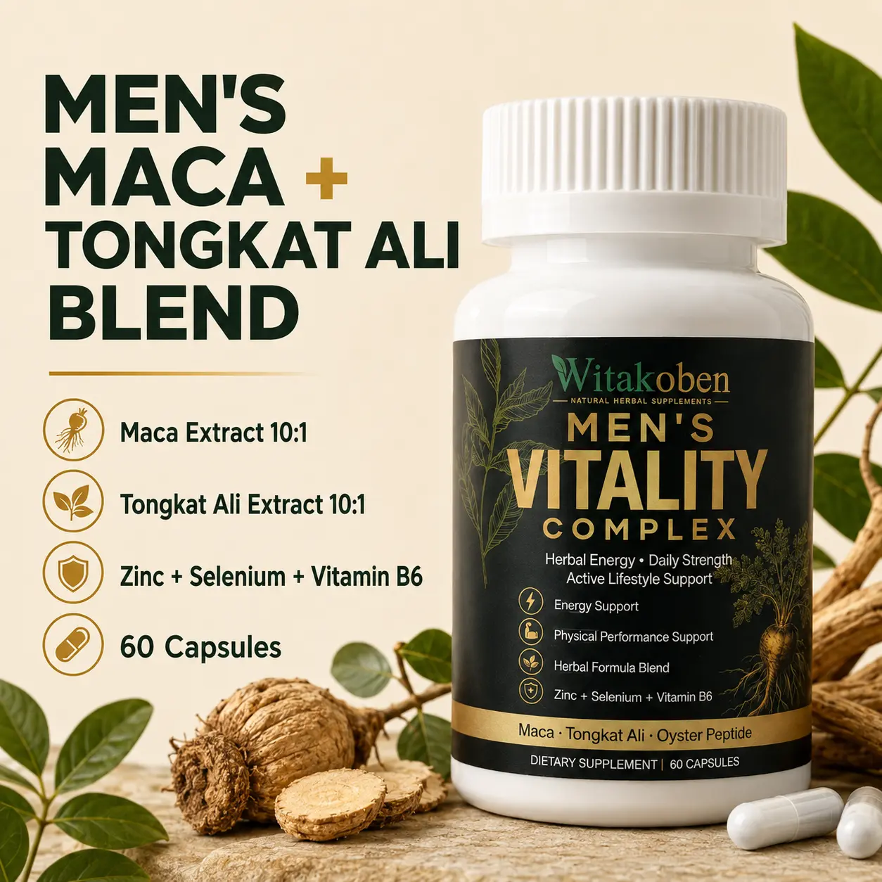 Witakoben Maca Root Capsules for Men, Maca Extract 10:1 & Tongkat Ali Extract 10:1 Herbal Supplement with Oyster Peptide, Goji Berry, Zinc, Selenium & Vitamin B6, 60 Capsules
