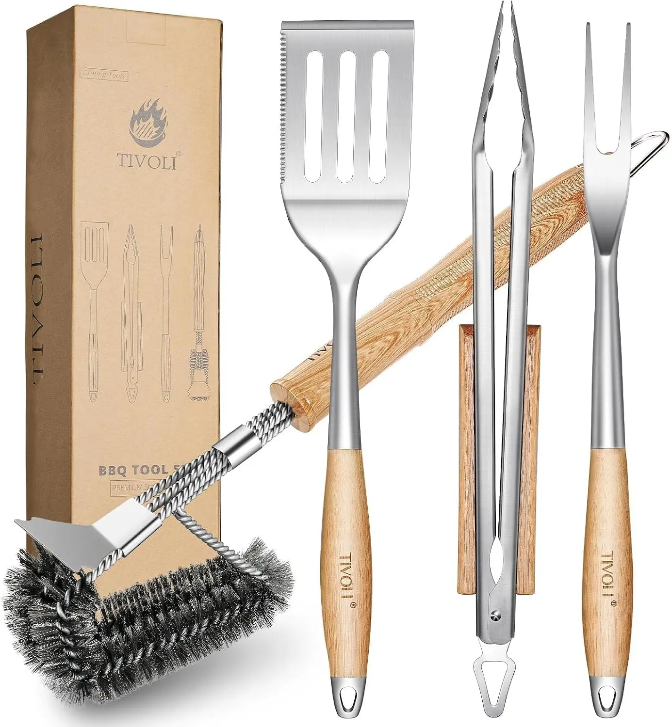 4PCS Grilling Accessories Set - Heavy Duty BBQ Tool Set | Stainless Steel, Heat-resistant, Spatula, Tongs, Fork, Cleaning Brush, Gift Box, for OutdoorGift.